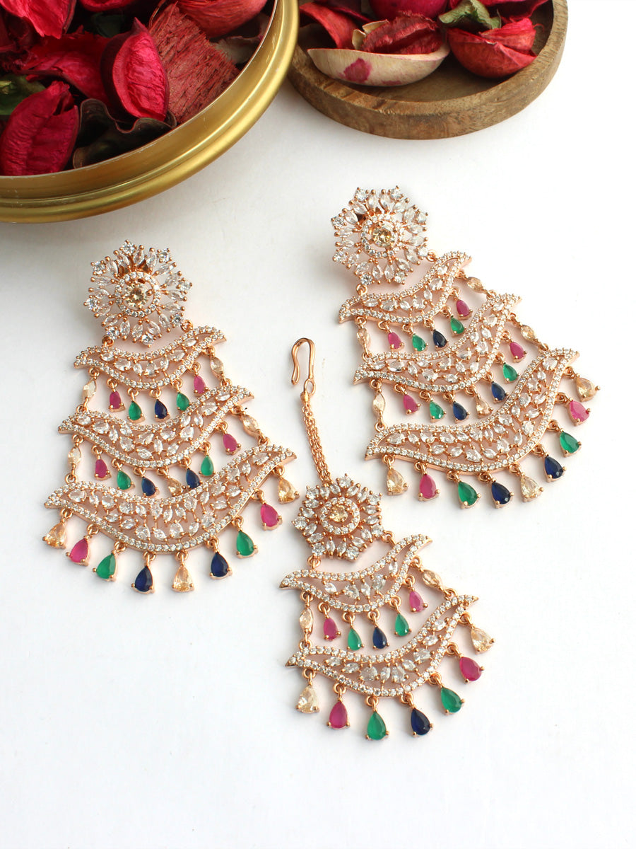 Kayra Earrings & Tikka Set - Rose Gold / Multicolor