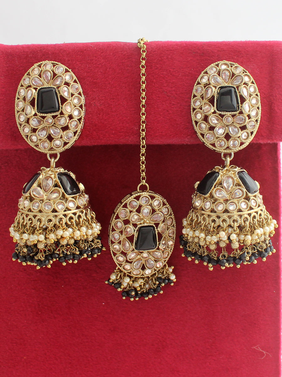 Saanvi Earrings & Tikka-Black