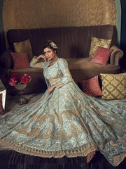 Aarzoo Pastel Blue Butterfly Net Floor Length Anarkali Suit