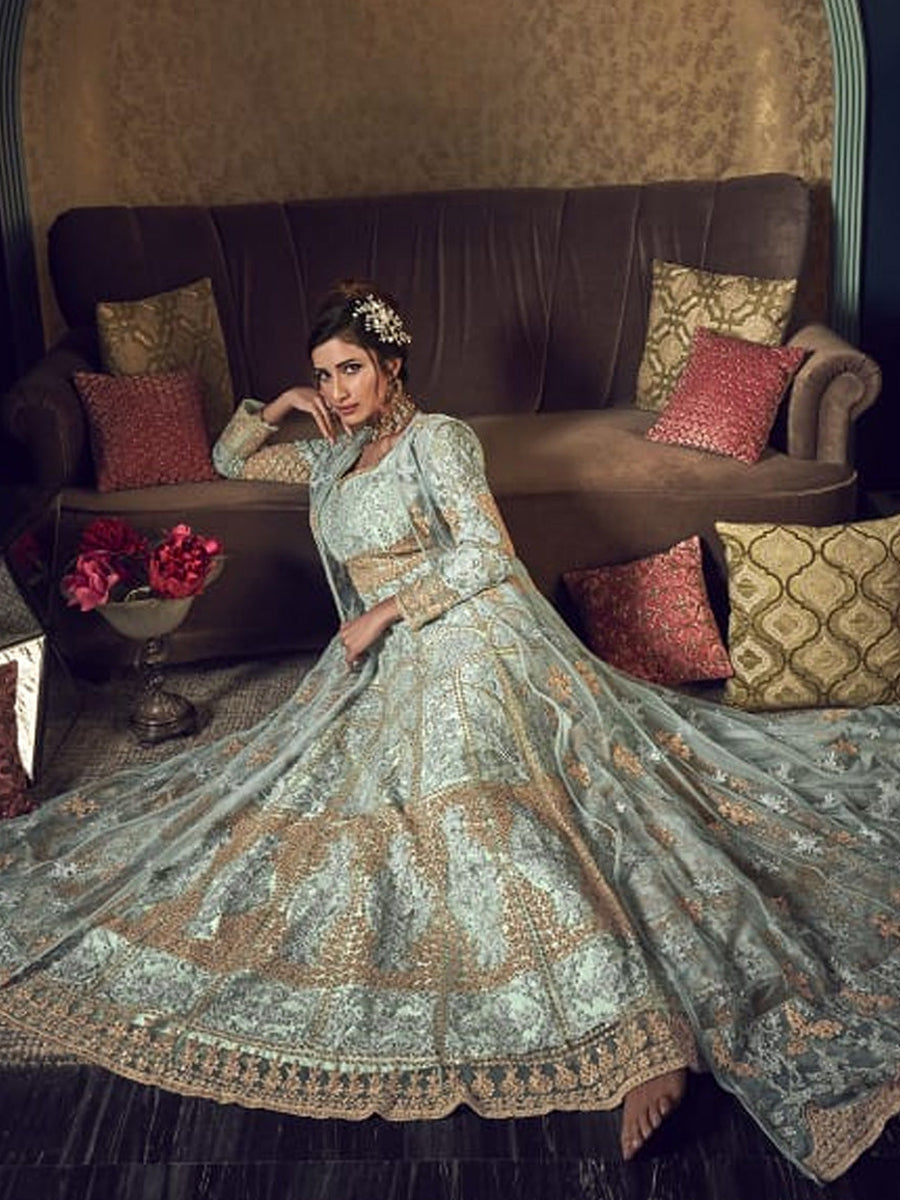 Aarzoo Pastel Blue Butterfly Net Floor Length Anarkali Suit