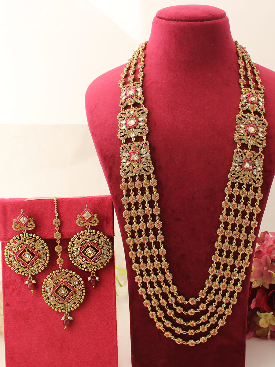 Sofina Long Necklace Set-golden/Ruby