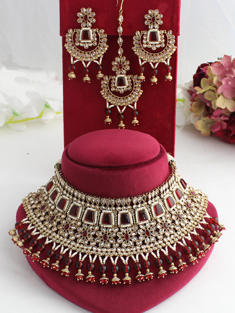 Meenaz Necklace Set-Maroon