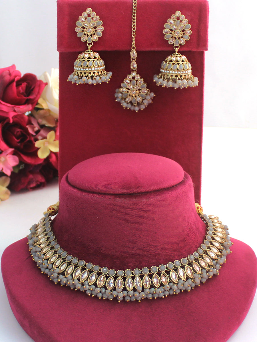 Abhilasha Necklace Set-Grey