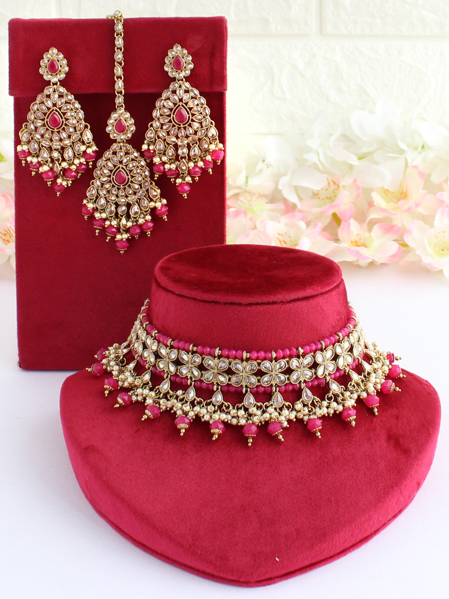 kinjal Necklace Set-hot pink