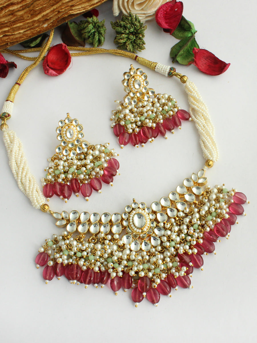 Vriddhi Choker Necklace Set-Pink & Green