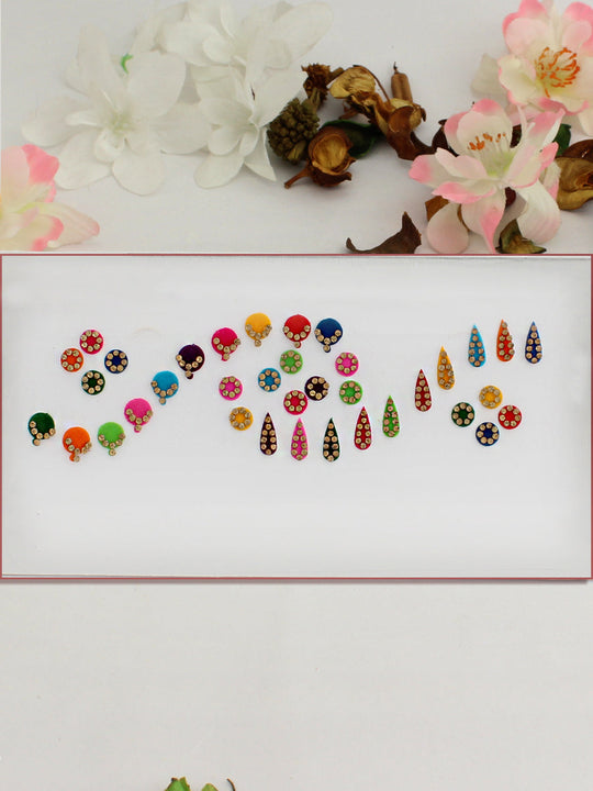 Tear Drop and Round Shape Stone Work Bindi Card-Multicolor