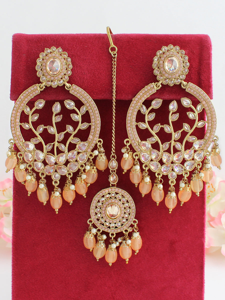 Inayat Earrings & Tikka (Golden)-peach