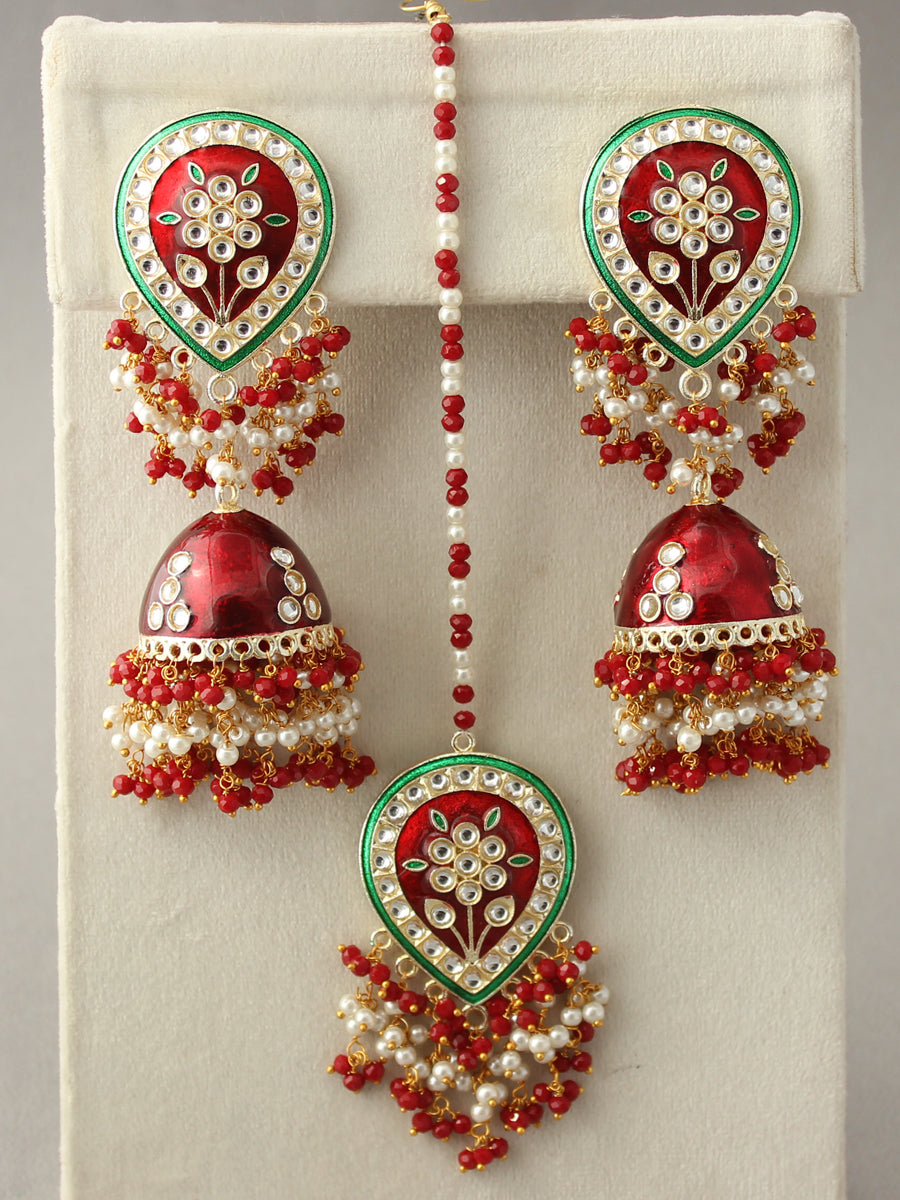 Kusha Earrings & Tikka-Maroon