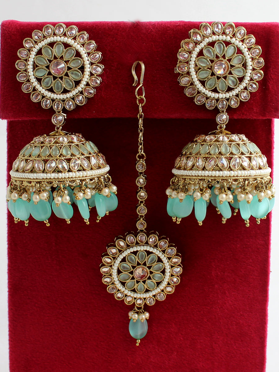 Adhira Earrings & Tikka-Mint Green