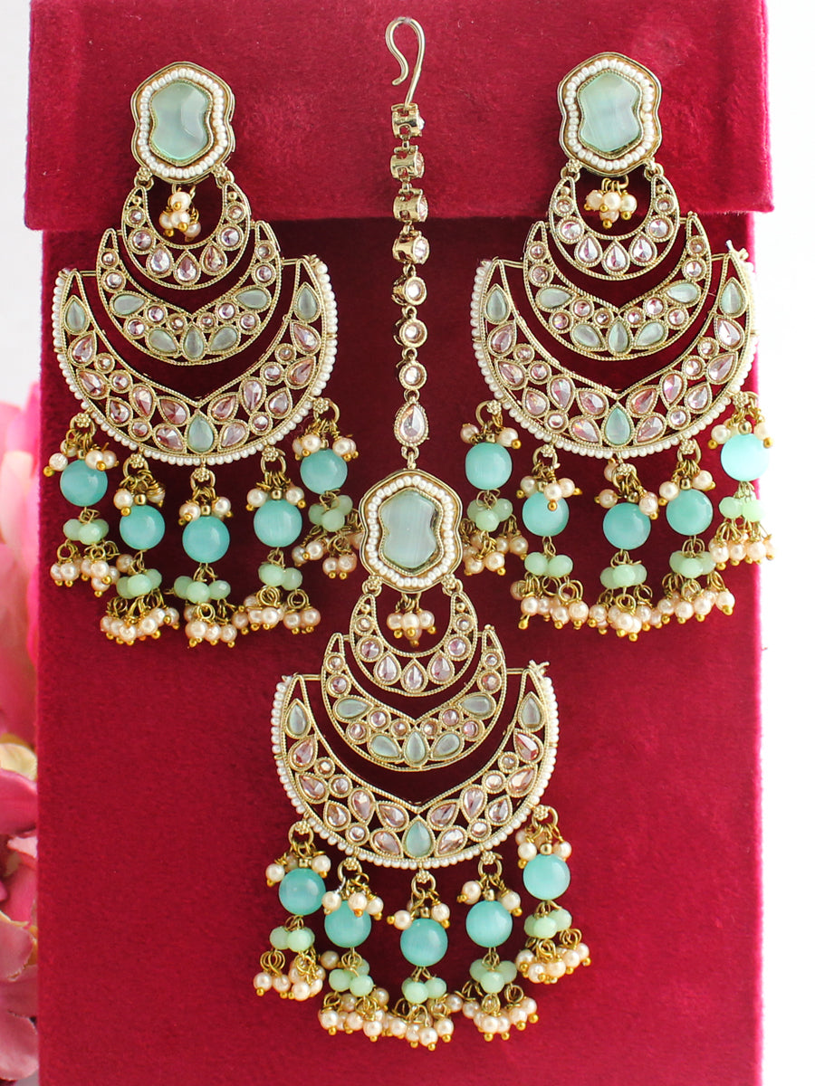 Kamya Earrings & Tikka-Mint Green