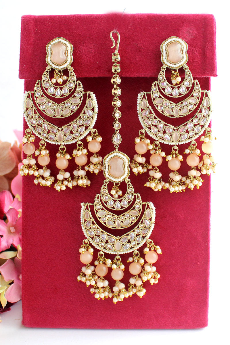 Kamya Earrings & Tikka-Peach