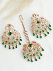 Takshi Earrings & Tikka  - Rose Gold / Green