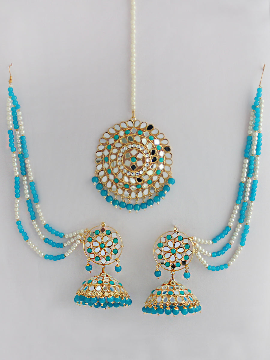 Kirat Earrings With Ear chain-Aqua