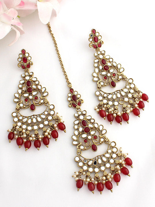 Sargun Mirror Earrings & Tikka-Maroon