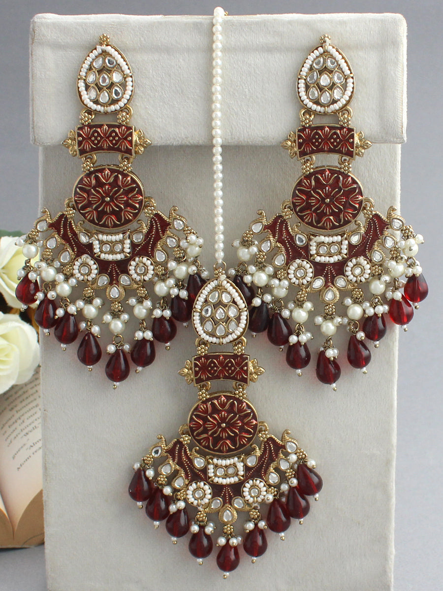 Saysha Earrings & Tikka-Dark Maroon