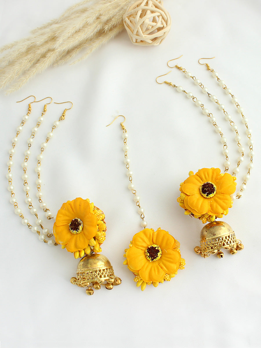 Akansha Floral Earrings & Tikka-Yellow