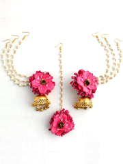 Akansha Floral Earrings & Tikka - Hot Pink