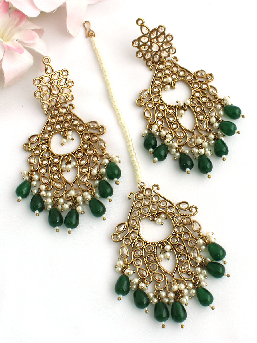 Erum Dangle Long Earrings & Tikka Set-Green