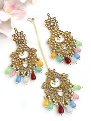 Erum Dangle Long Earrings & Tikka Set-Multicolor