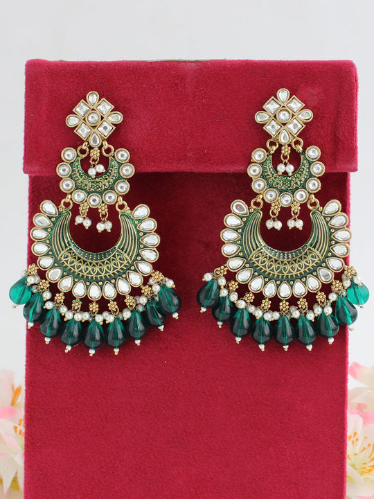 Neeti Kundan Long Earrings-Green