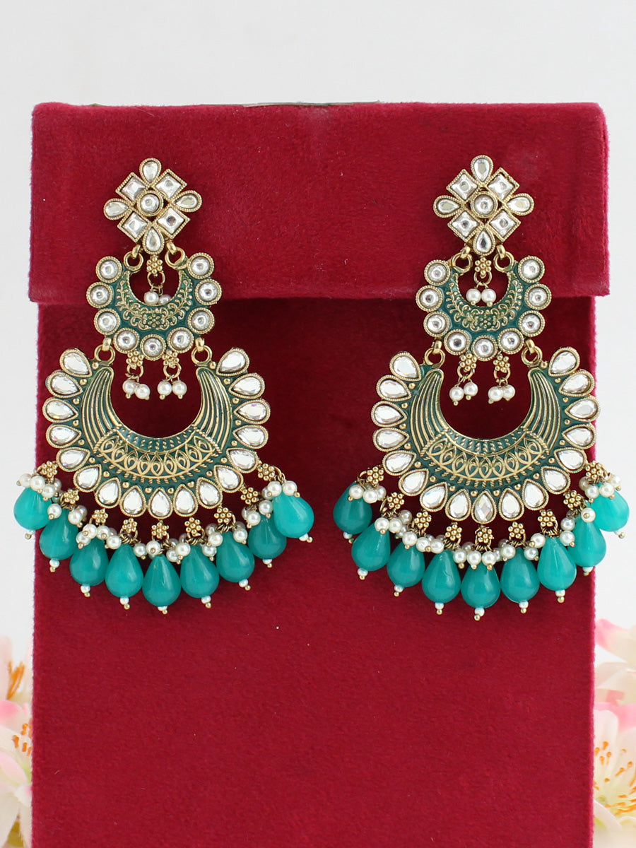 Neeti Kundan Long Earrings-Rama Green