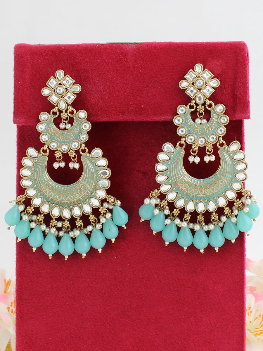 Neeti Kundan Long Earrings-Aqua