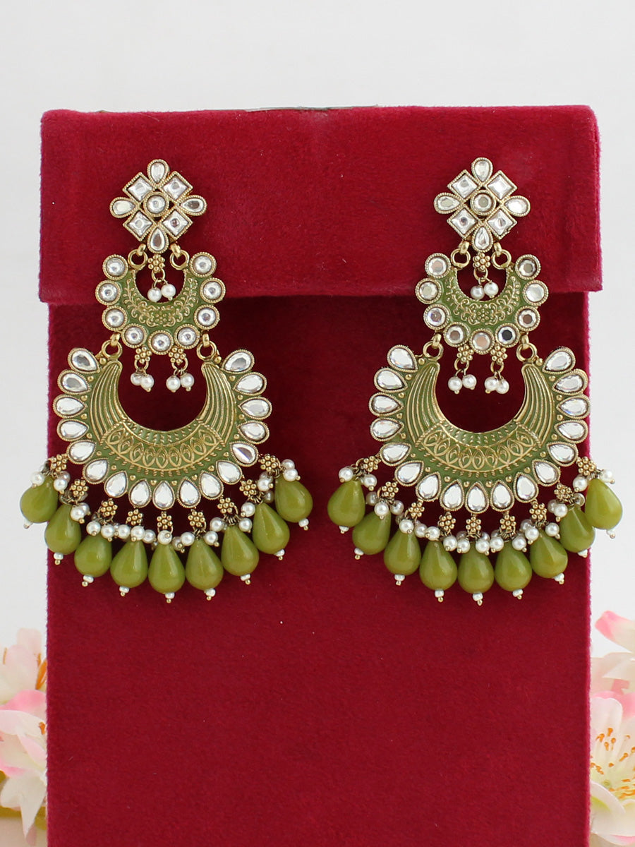 Neeti Kundan Long Earrings-Light Green