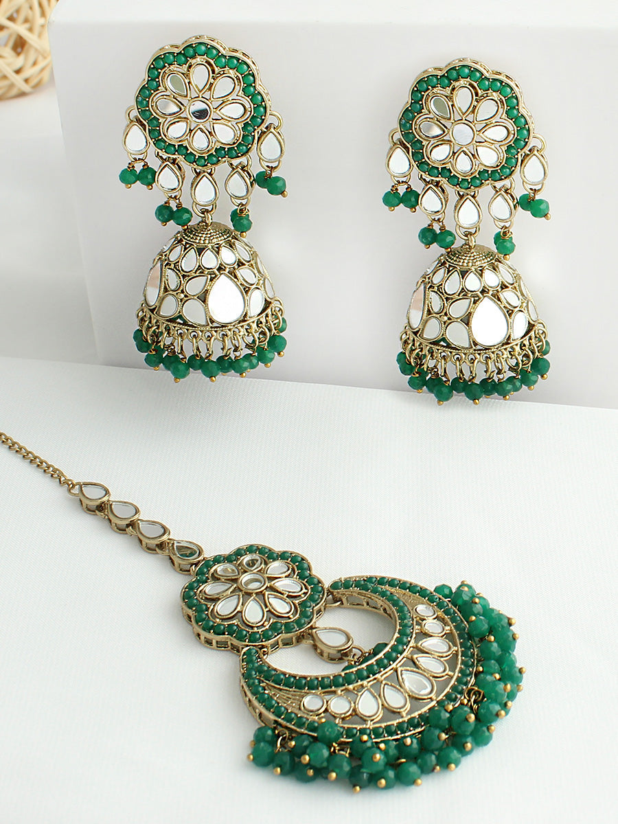 Keesha Mirror Earrings & Tikka  - green