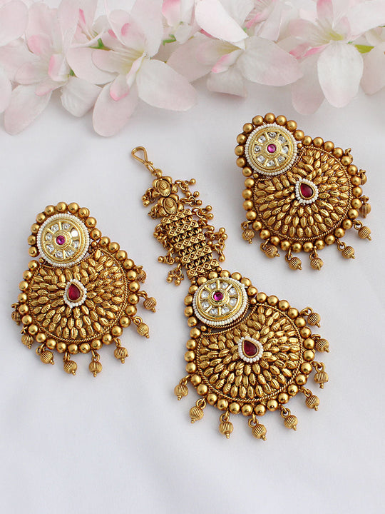 Revti Earrings & Tikka Set - Hot Pink