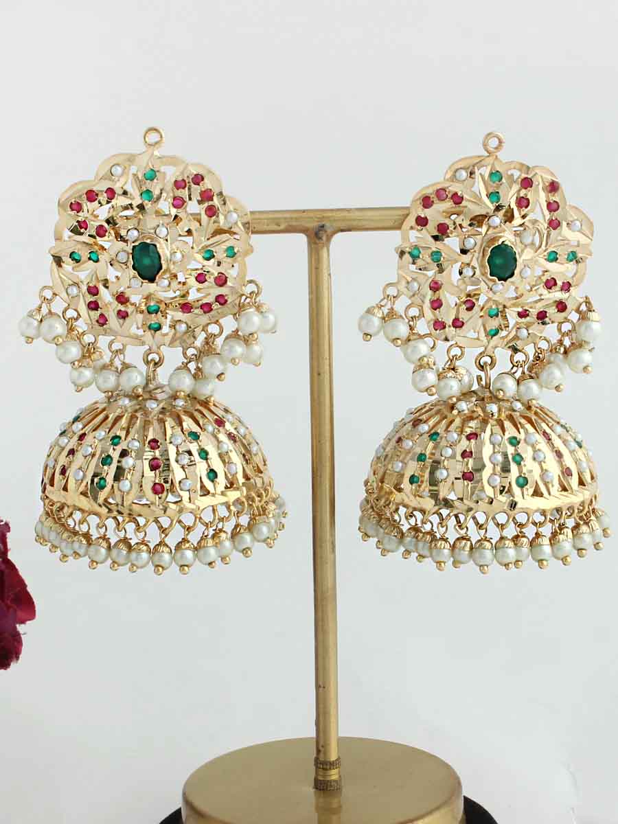 Lubna Jadau Jhumki Earrings-Pink/ Green