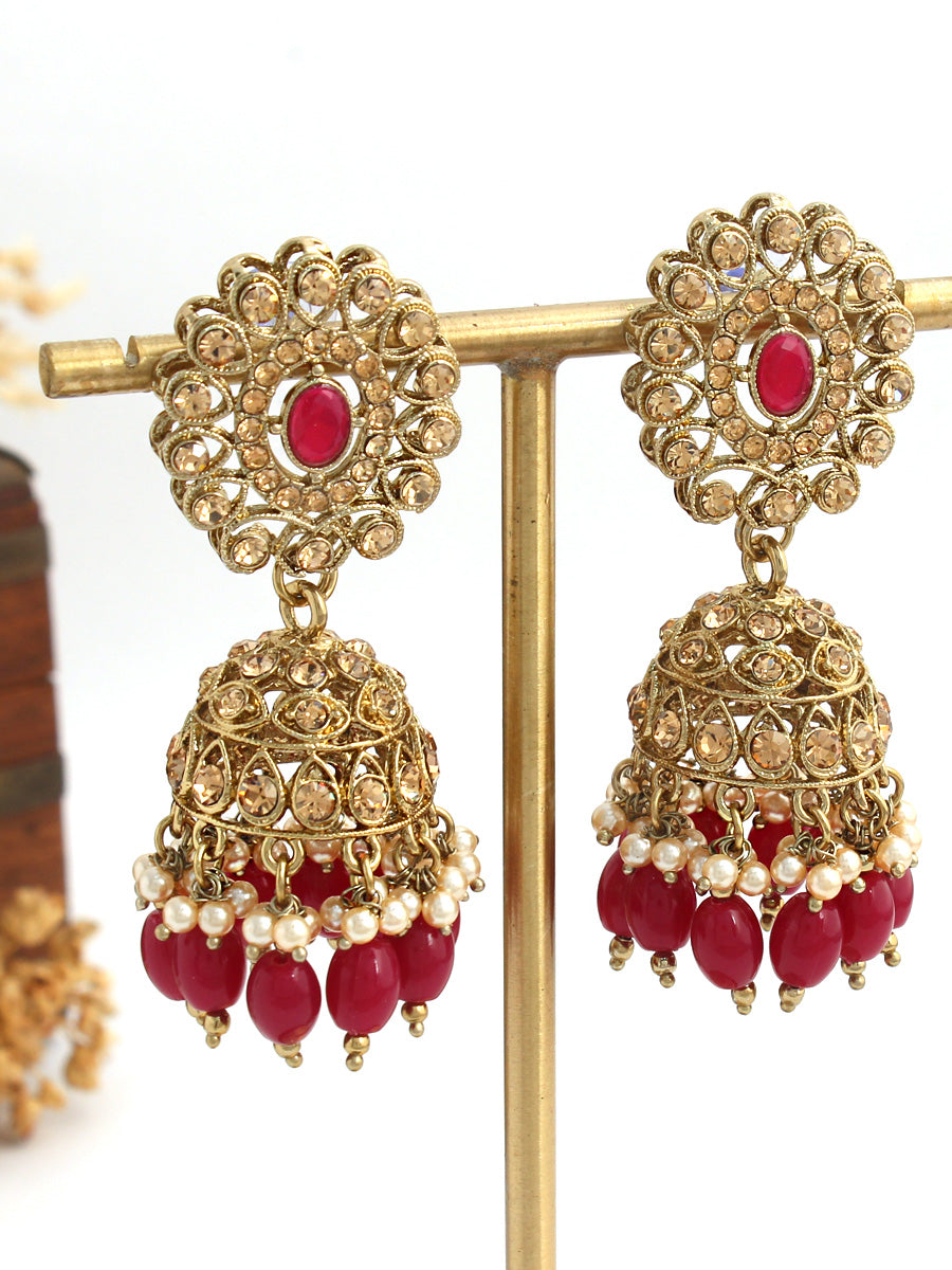 Tanisha Jhumki Earrings-Ruby Pink