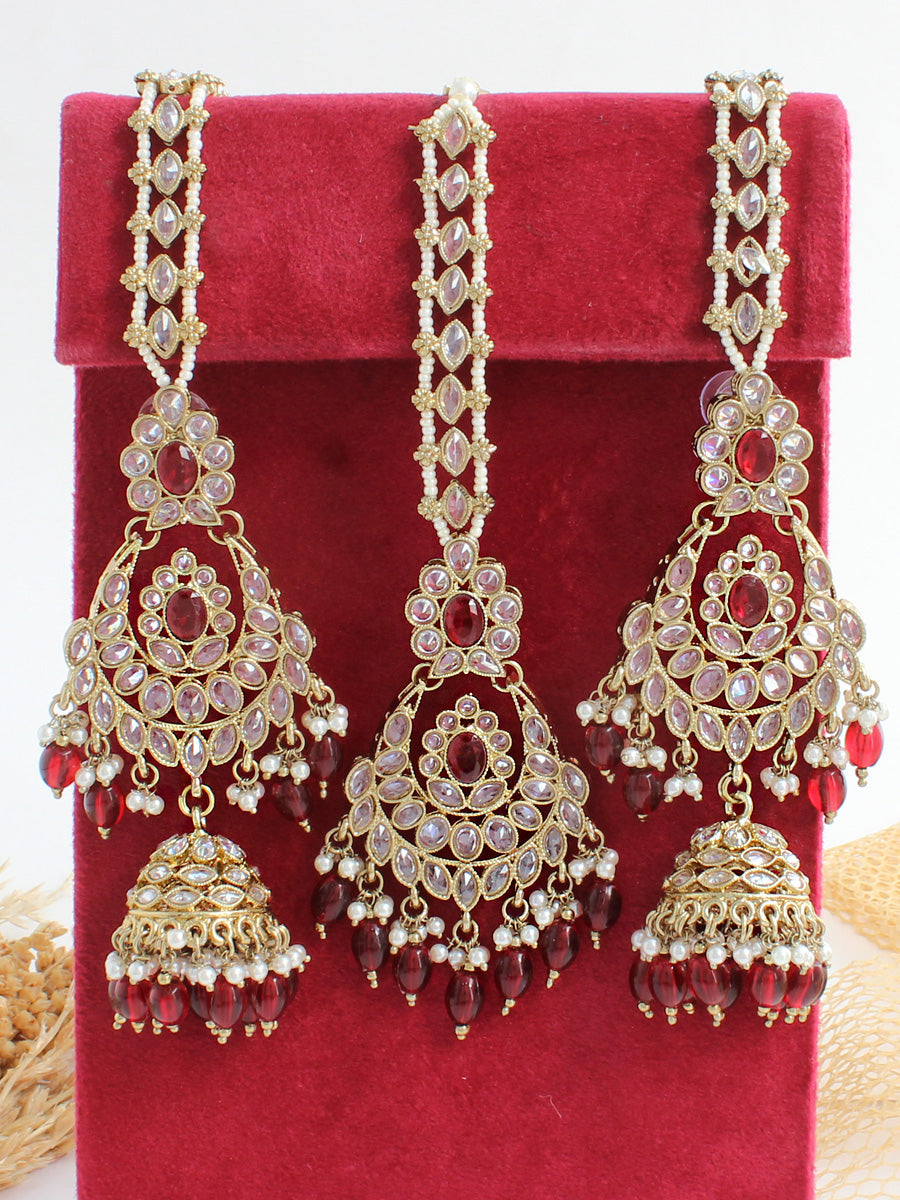 Ayeza Earrings & Tikka-Maroon