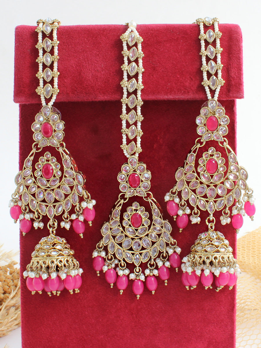 Ayeza Earrings & Tikka-Ruby Pink