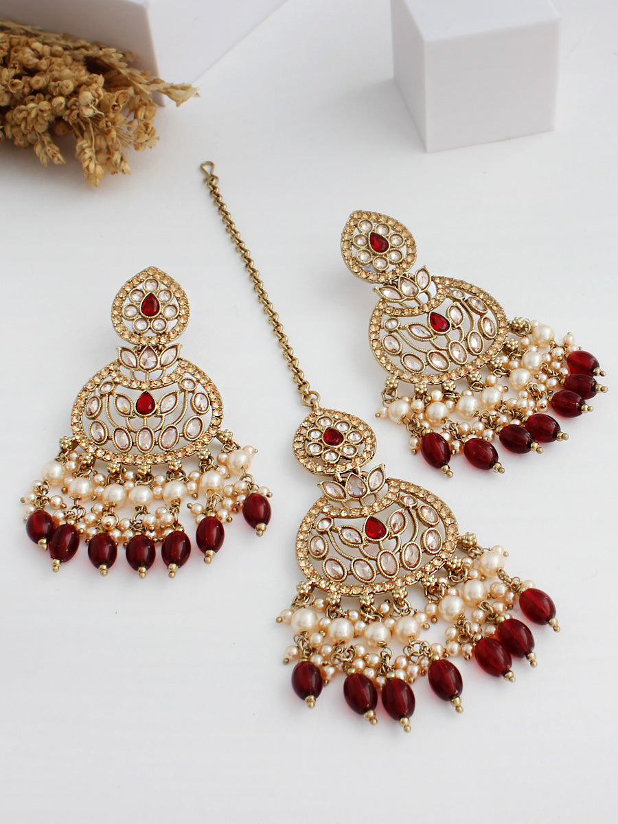 Akira Earrings & Tikka-Maroon