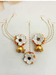 Akansha Floral Earrings & Tikka-Mustard Yellow / White