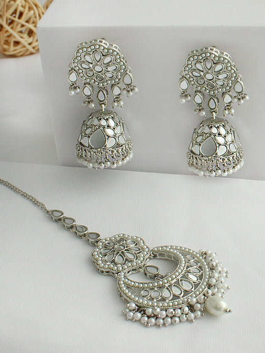 Keesha Mirror Earrings & Tikka - Silver