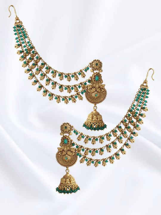 Aadhya Earrings With Earchain-Green