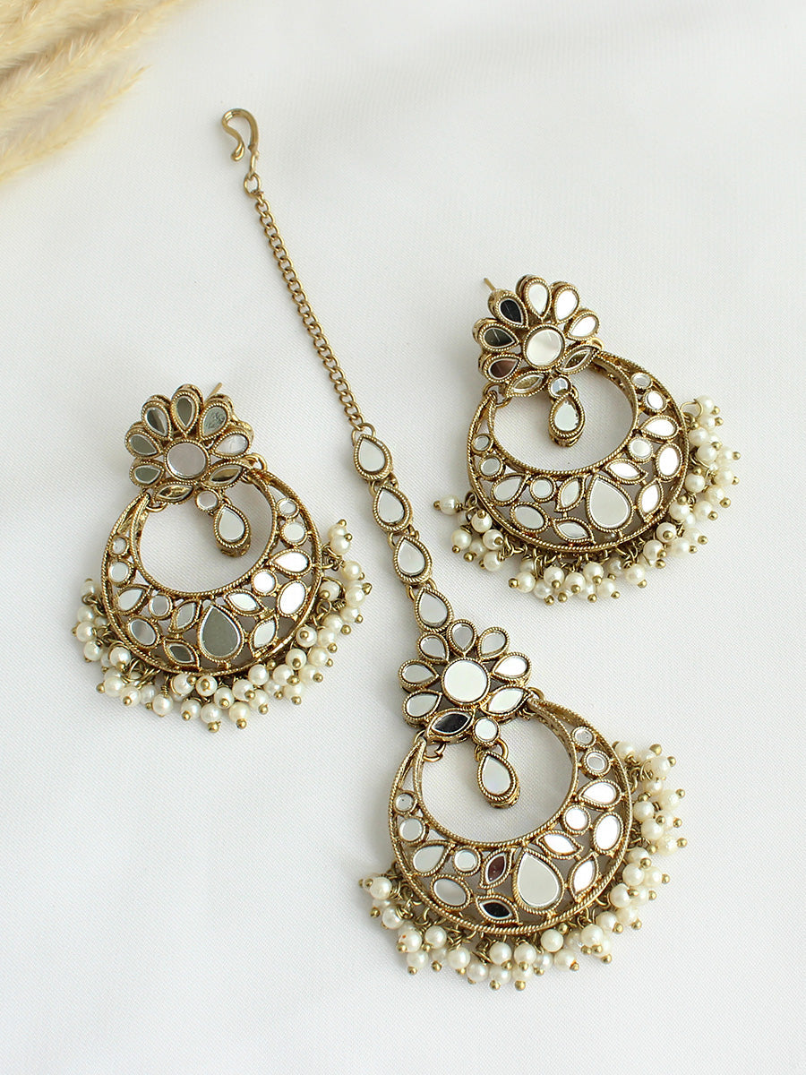 Risha Mirror Earrings & Tikka-Antique gold