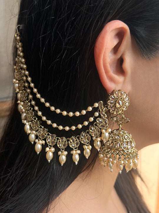 Zareen Jhumki Earrings With Ear Chain-Gold