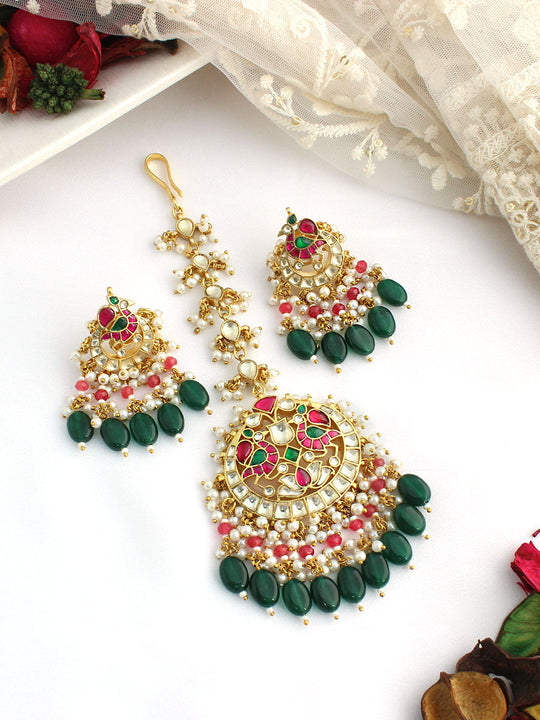 Ramiza Earrings & Tikka -Pink/ Green