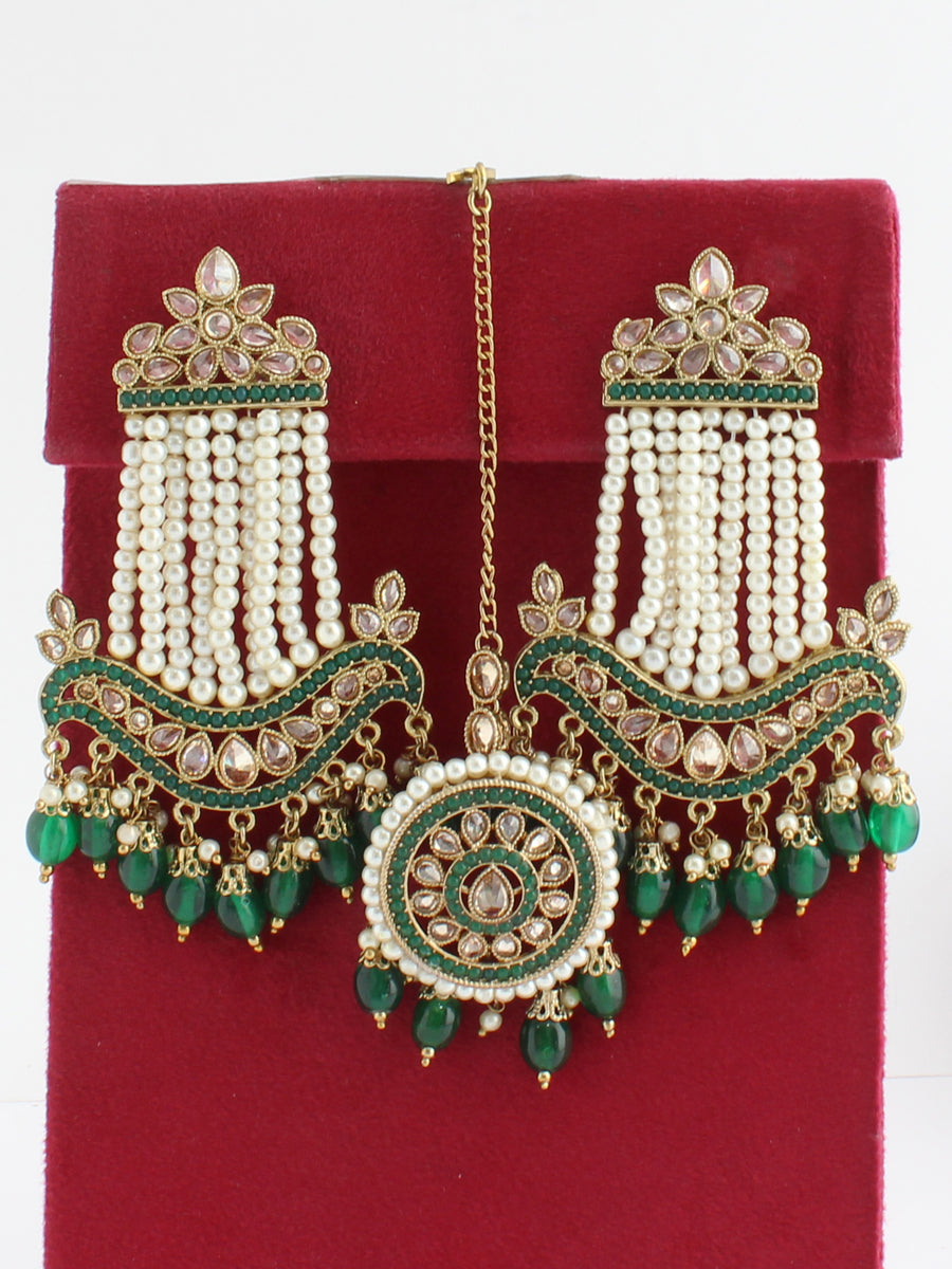 Sharmin Earrings & Tikka-Green