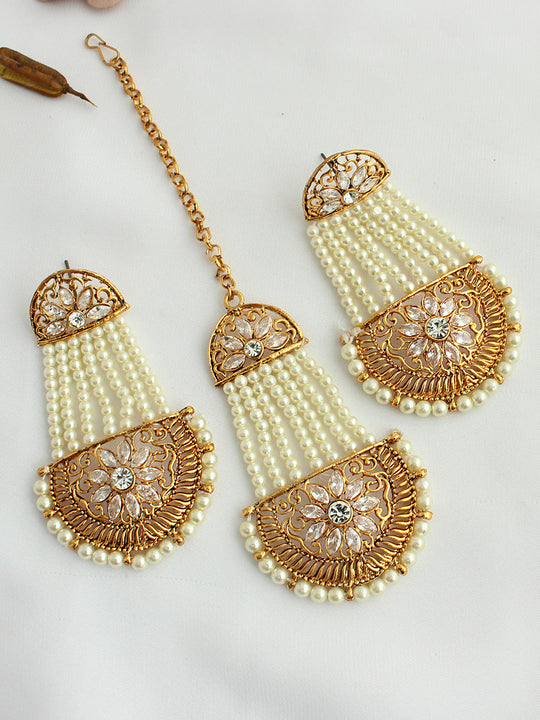 Adaa Jhoomer Earrings & Tikka-Gold