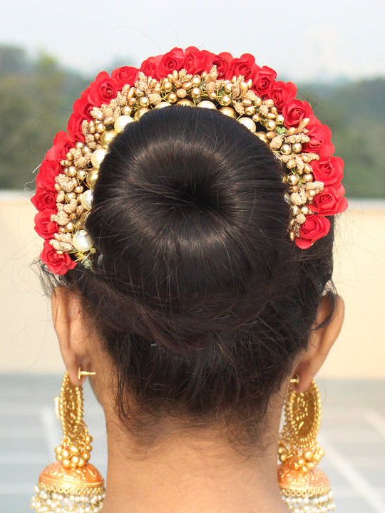 Karuna Artificial Flowers Hair Bun Bridal Gajra-Red