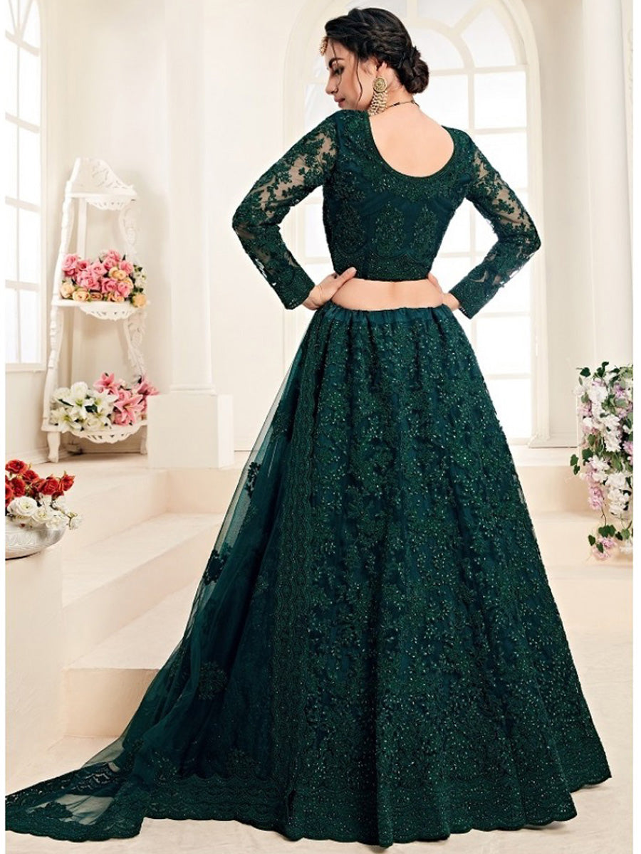 Ashna Dark Green Embroidered Net Lehenga