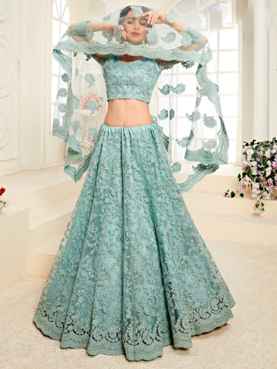 Sofina Mint Green Embroidered Net Lehenga