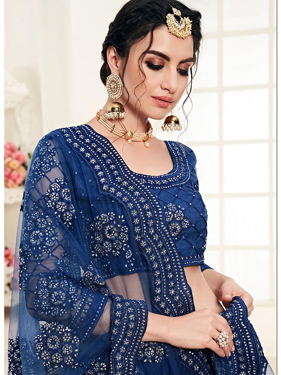 Krutika Blue Embroidered Net Lehenga