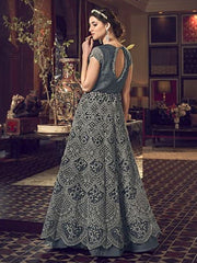 Rehana Dark Grey Butterfly Net Embroidered Floor Length Suit