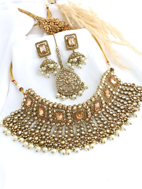 Ashna Necklace Earrings Tikka Set-Gold