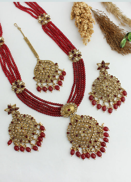 Parinaaz Long Necklace Set - Maroon