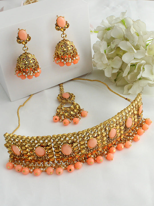 Anmol Choker Necklace Set-Peach